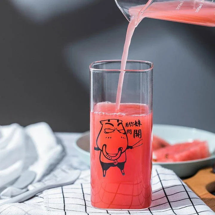 Charming animal-themed glassware with adorable pig, cat, and dog designs, made from durable, eco-friendly glass