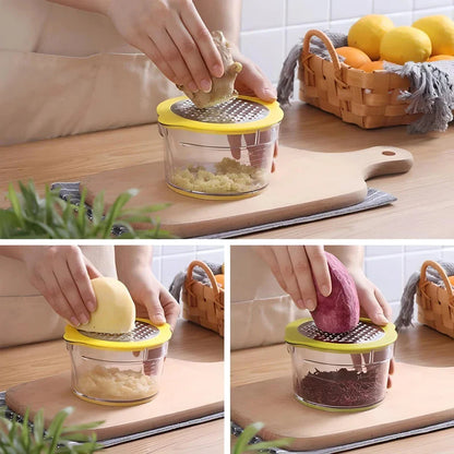 A manual citrus juicer with a built-in measuring cup, grater, and egg separator for versatile kitchen tasks