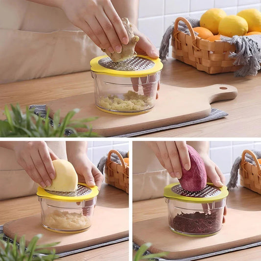 A manual citrus juicer with a built-in measuring cup, grater, and egg separator for versatile kitchen tasks