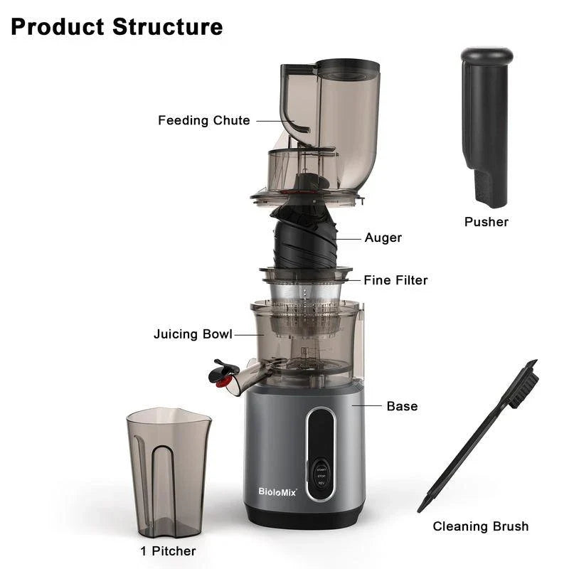 Premium cold press juicer with 200W motor, slow masticating process, and 3-inch wide feed chute for whole produce juicing