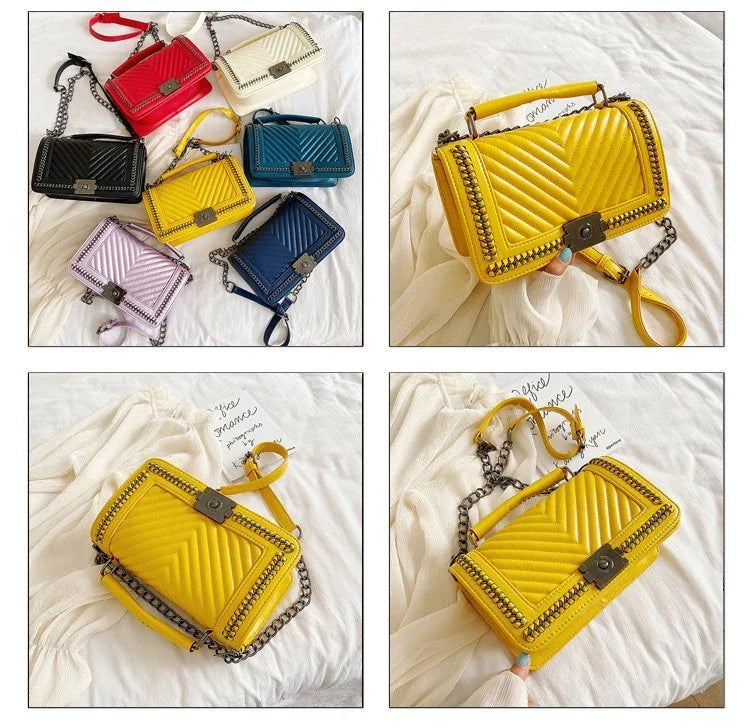 Fashionable leather messenger bag with chain strap in a range of vibrant colours, designed for style and functionality