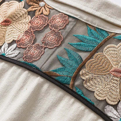 Trendy embroidered patchwork denim jacket in various sizes, perfect for autumn and winter wear