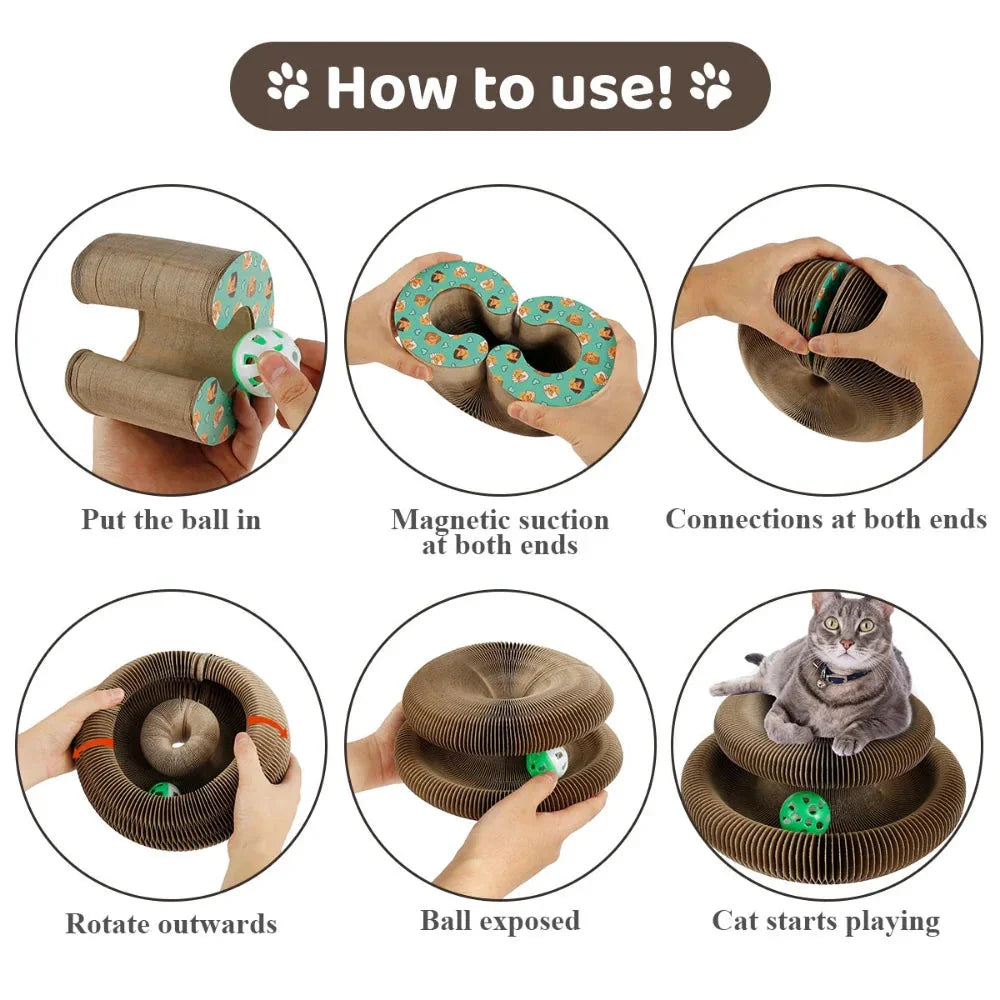 Foldable cat scratcher with toy ball, made of durable corrugated cardboard in versatile bone and crib shapes for active play and relaxation