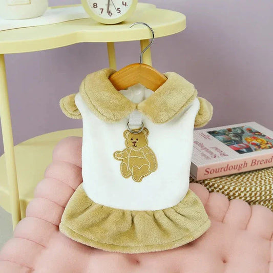 Cosy plush bear dress for dogs and cats, keeping pets warm and stylish during autumn and winter