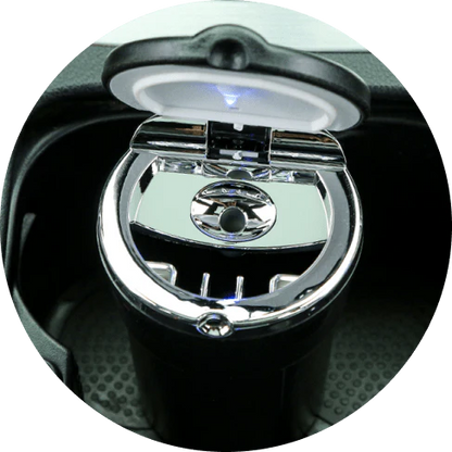 Portable car ashtray with LED light for responsible cigarette disposal while driving