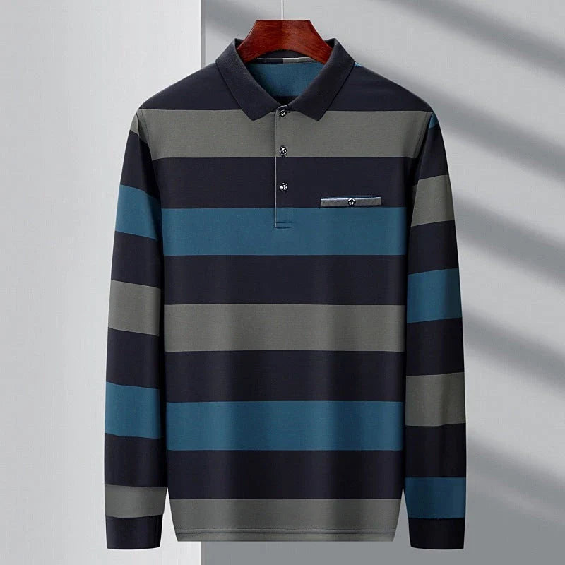 Premium Striped Long Sleeve Polo Shirt in Gray for Gentlemen - Soft, Breathable Fabric, Colour-Block Design, Versatile Casual-to-Smart Styling