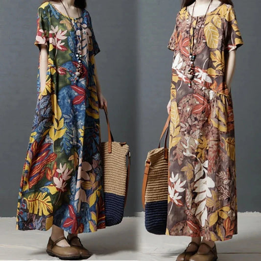 Elegant cotton and linen long dress in a classic blue hue, showcasing the high-quality natural fabrics and timeless British design.