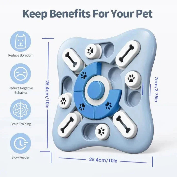 Interactive dog puzzle toy with treat dispenser and squeaky features for mental stimulation and enrichment