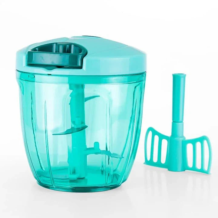 Premium manual plastic food processor with stainless steel blades for efficient chopping, mincing, and shredding of ingredients