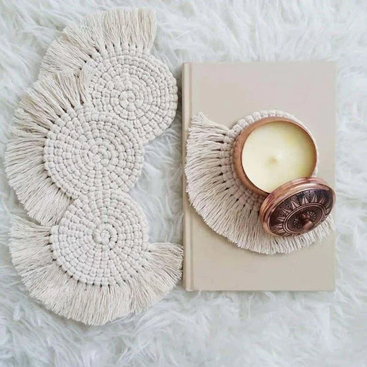 Elegant Boho Macrame Coaster in Timeless White, featuring a unique and artisanal design that adds a touch of rustic charm to any living space.