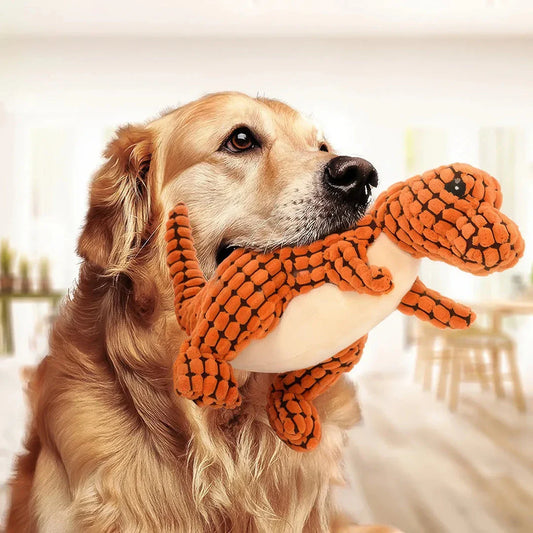 Premium plush dinosaur toys for playful pets in the UK, featuring soft, durable materials and interactive squeaky features for endless fun and companionship.