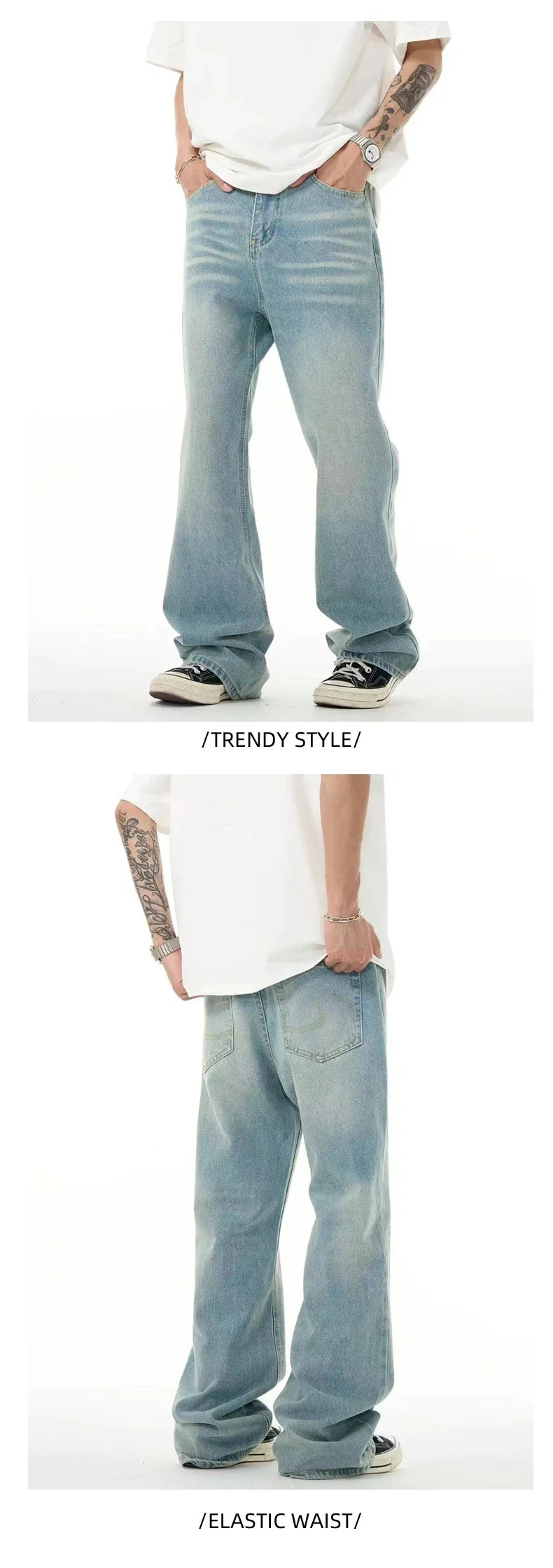 Premium light blue washed relaxed fit jeans with subtle fading and distressing, made from high-quality cotton for exceptional comfort and durability.