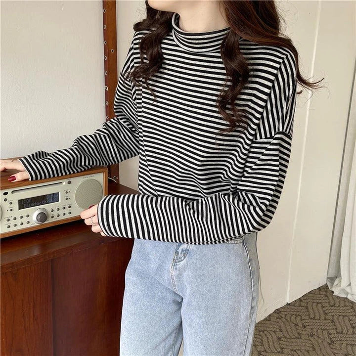 Premium half-high neck striped long-sleeve t-shirt in grey and black, made with high-quality British cotton for ultimate comfort and style.