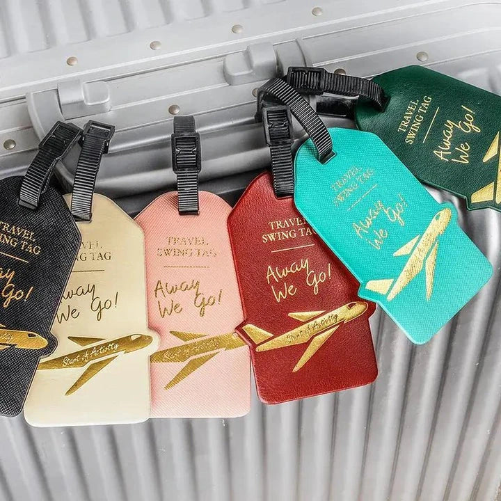 Premium PU leather luggage tag with elegant design and secure strap for UK travellers