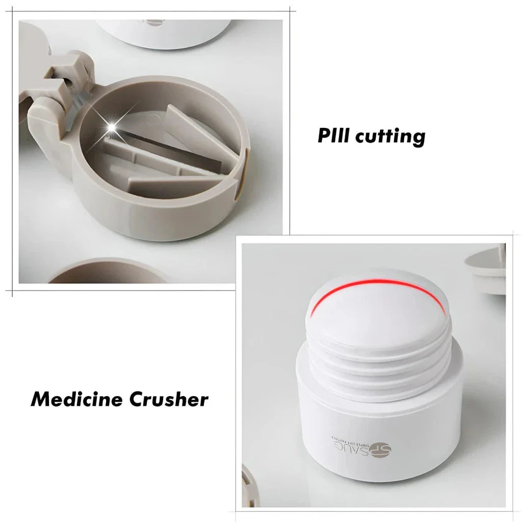 4-in-1 Portable Pill Grinder and Cutter with Pill Cutting Grid, Tablet Grinding Mechanism, and Tiered Storage Compartments