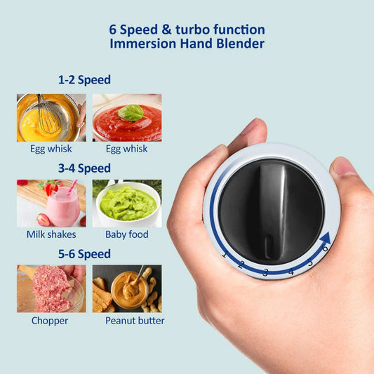 A powerful 1200W 5-in-1 immersion hand blender with stainless steel construction, various attachments, and a sleek design for efficient kitchen use.
