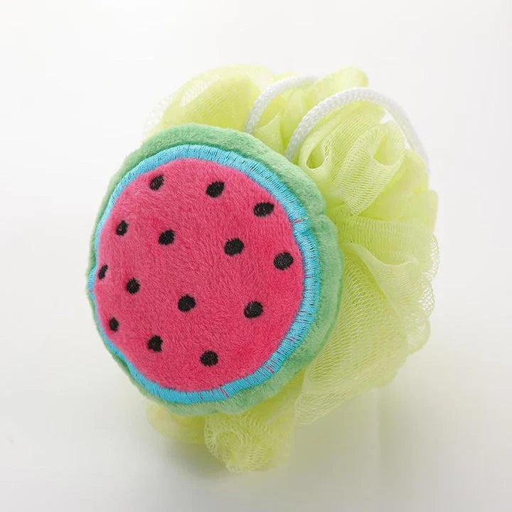 Colourful cartoon fruit-shaped exfoliating shower sponge made from durable nylon mesh