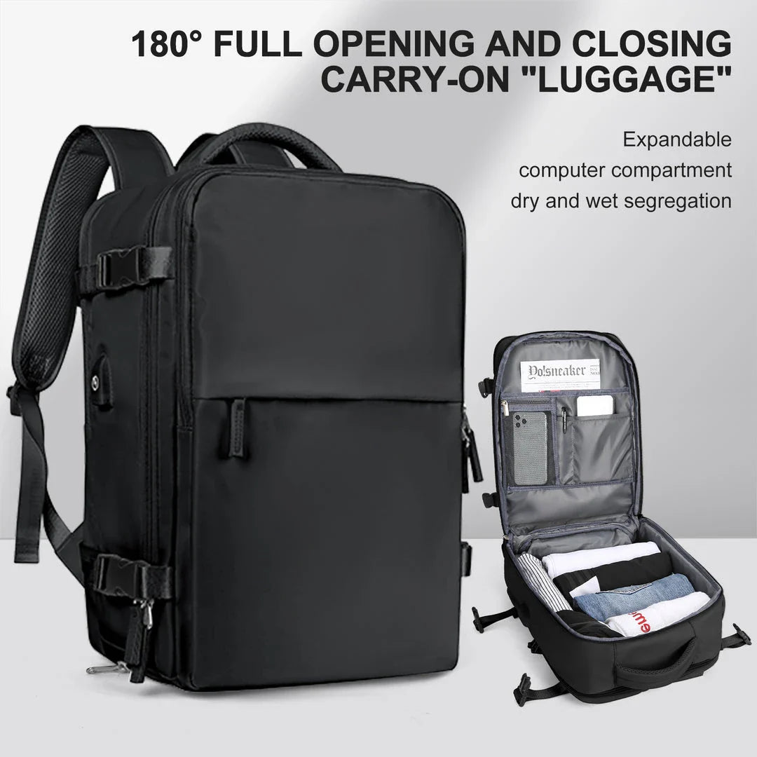 A premium white travel backpack with multiple compartments, designed for airline carry-on approval and weather protection.