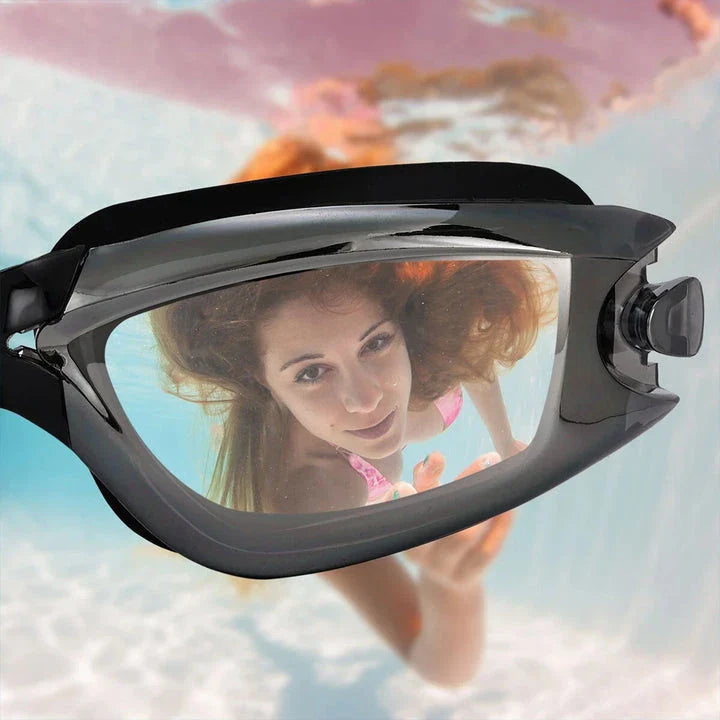 Premium adult swimming goggles with anti-fog lenses, UV protection, and adjustable silicone frame
