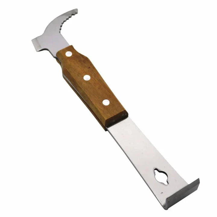 Stainless steel honey scraper with wooden handle, a versatile tool for beekeepers in the UK