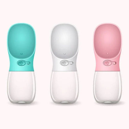 A leak-proof, portable pet water bottle in turquoise colour with a one-hand release button and locking mechanism