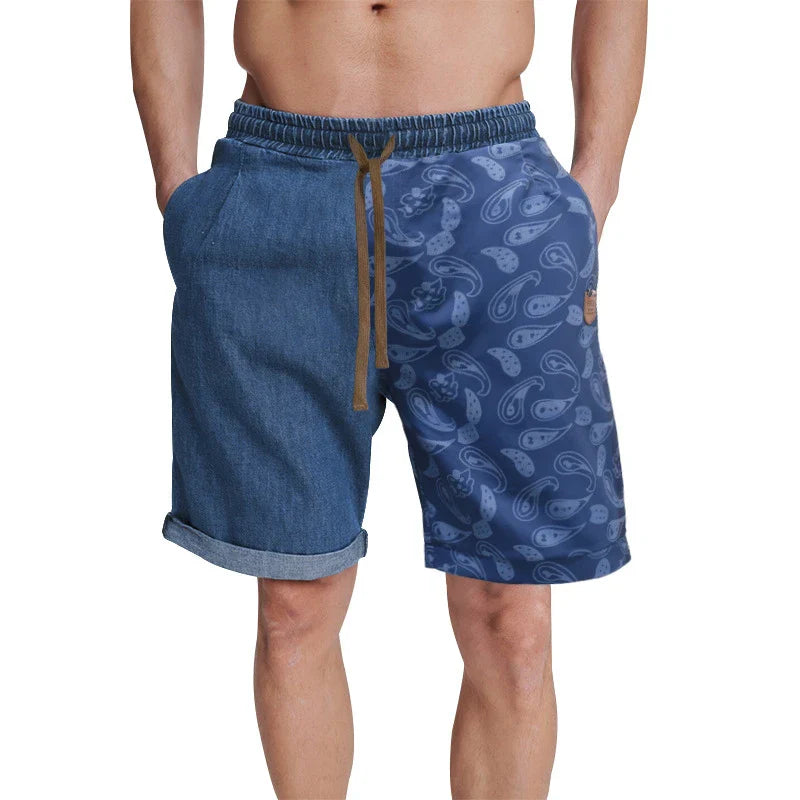 Relaxed-fit sports shorts in light blue and denim blue mosaic patterns, designed for casual everyday wear