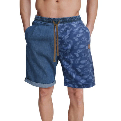 Relaxed-fit sports shorts in light blue and denim blue mosaic patterns, designed for casual everyday wear