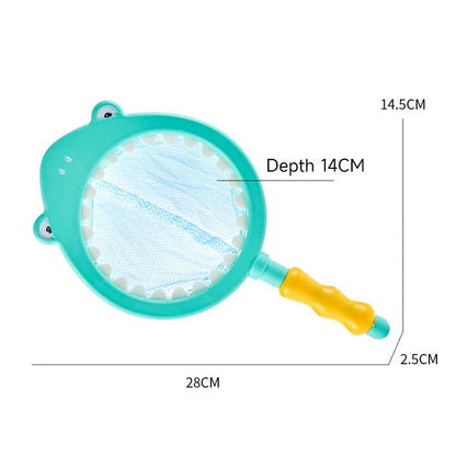 A set of colourful, floating bath toys including a fishing pole and net for interactive play