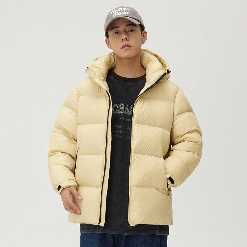 A stylish and warm down jacket with a hooded design, perfect for winter weather.