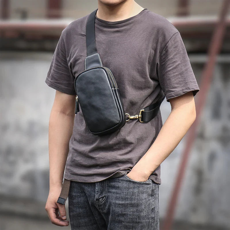 Premium leather crossbody chest bag for men with adjustable strap and spacious main compartment