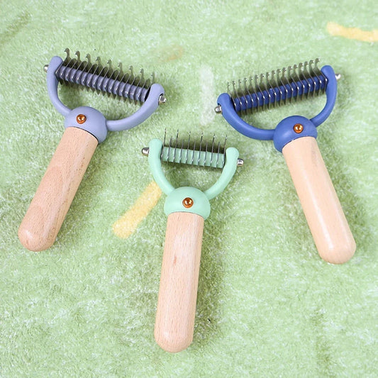 Double-sided pet hair comb with stainless steel blades and ergonomic wooden handle for effective grooming