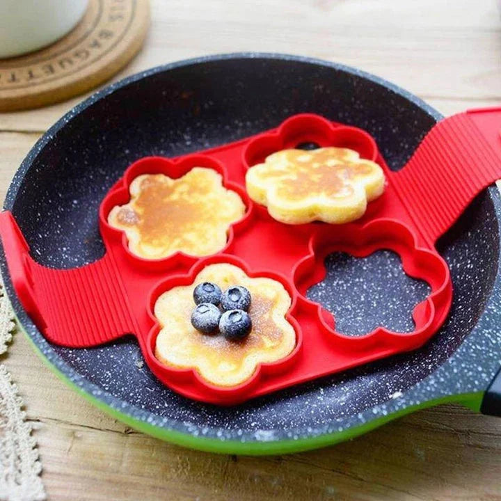 Red silicone non-stick pancake and egg mold ring for making perfectly shaped breakfast items