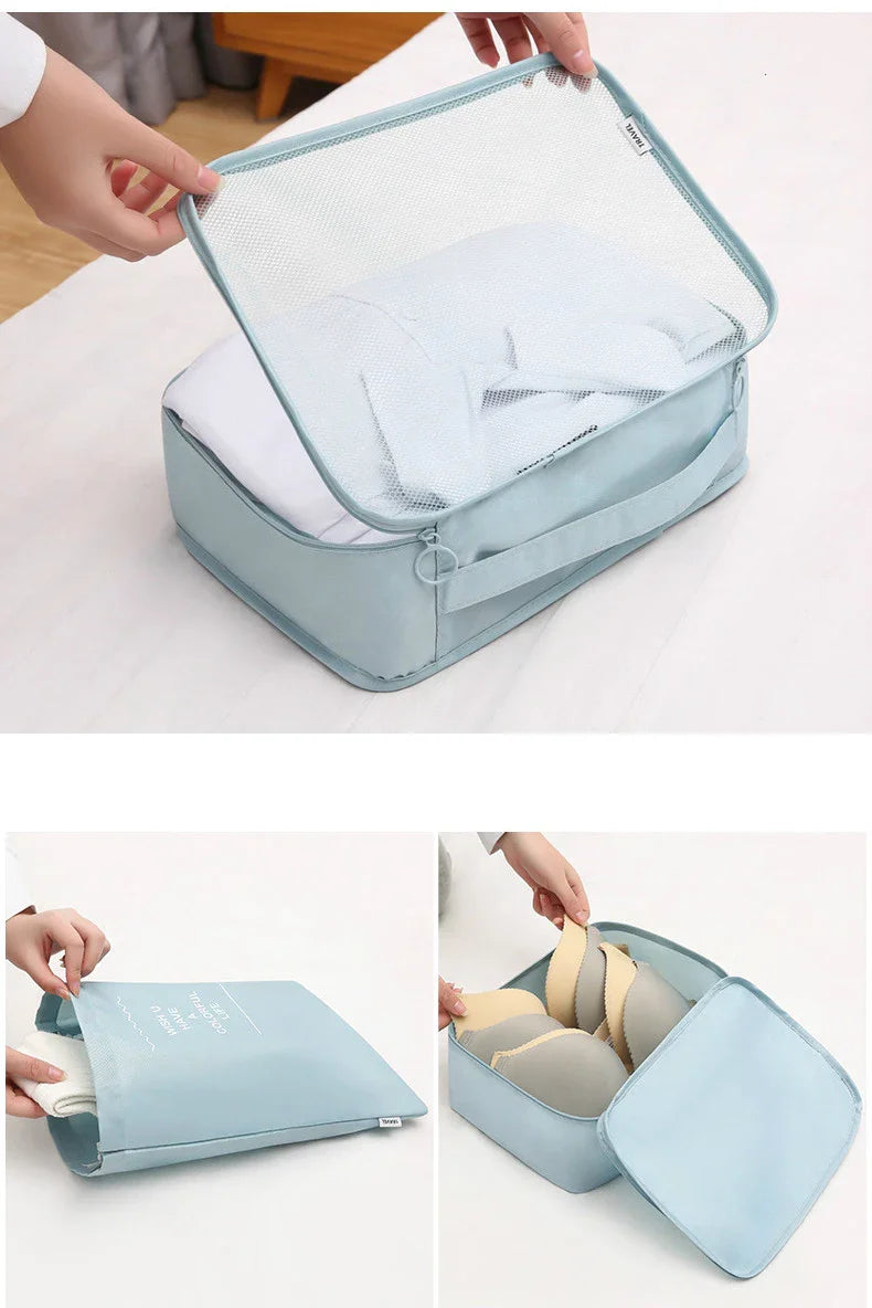 Premium 8-piece luggage organiser set made of durable, water-resistant nylon for effortless travel packing
