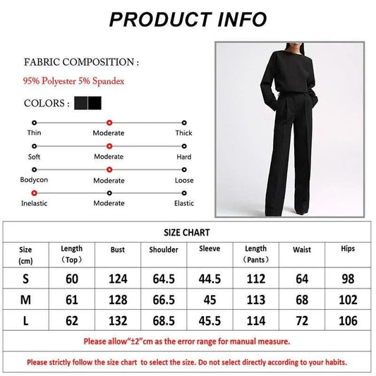 Elegant and sophisticated women's two-piece office suit with long sleeve top and wide-leg pants in a neutral colour palette