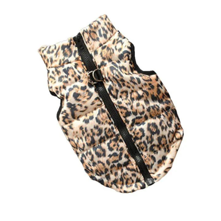 A cosy and stylish winter jacket for pets, featuring vibrant printed patterns and a snug, comfortable fit.