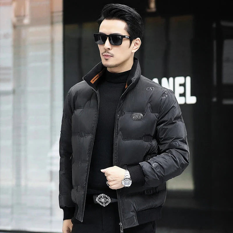 Warm and weatherproof men's down jacket with stand collar and knitted sleeves, made from premium polyester fibre and filled with luxurious duck down
