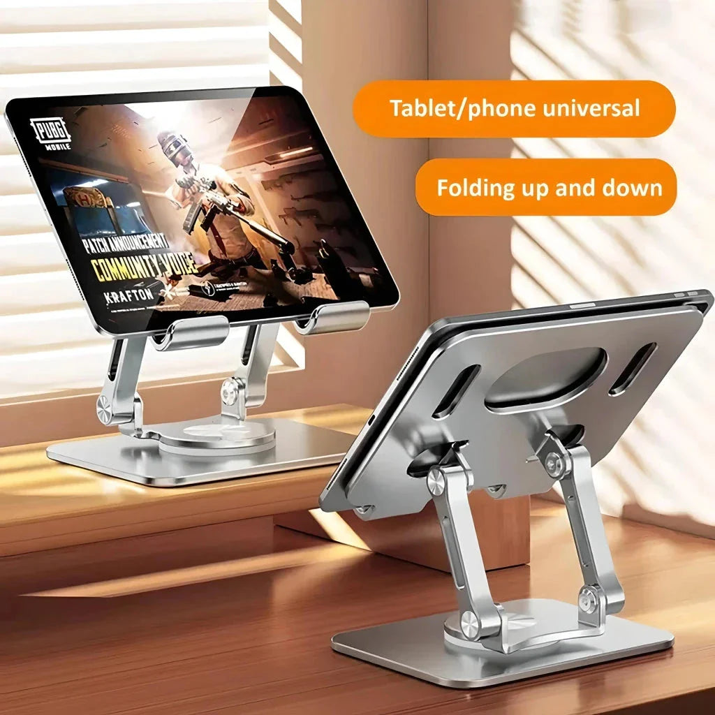Premium Adjustable 360° Rotating Tablet and Phone Stand made of durable aluminium alloy, foldable for easy travel