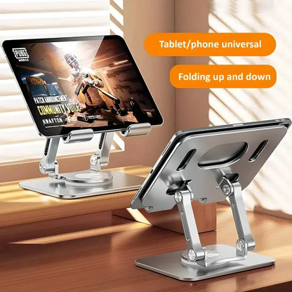 Premium Adjustable 360° Rotating Tablet and Phone Stand made of durable aluminium alloy, foldable for easy travel
