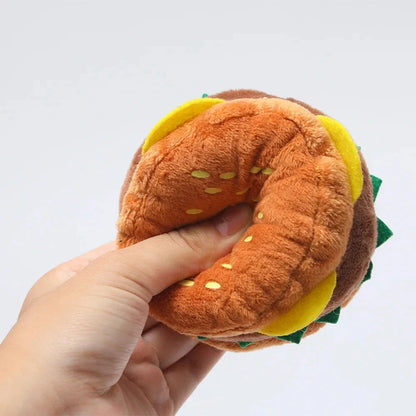 Adorable plush squeaky burger toy for dogs and cats, designed for long-lasting play and chewing comfort
