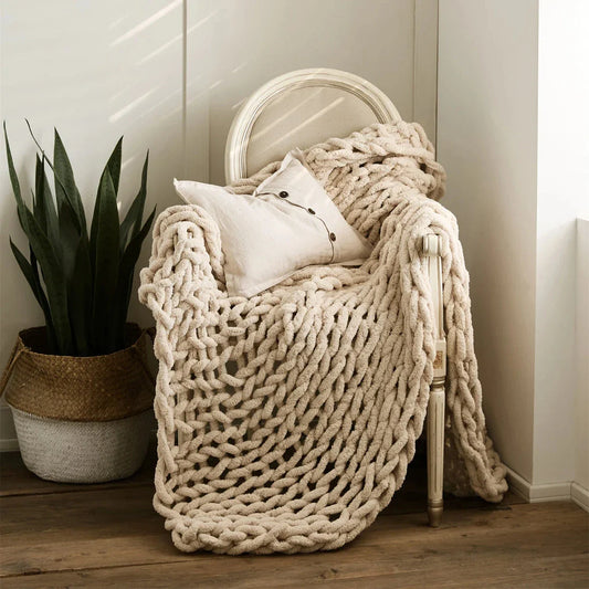 Elegant Chenille Chunky Knit Throw Blanket in White, available in adult and child sizes, offering cosy comfort and timeless style for your home