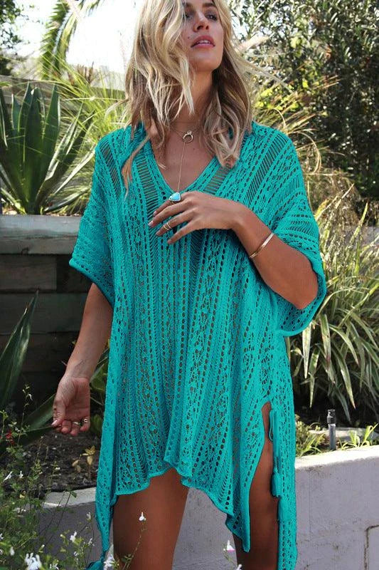 Premium knitted bikini blouse with unique hollow thread design, soft and breathable fabric, and flattering loose silhouette for effortless British summer style