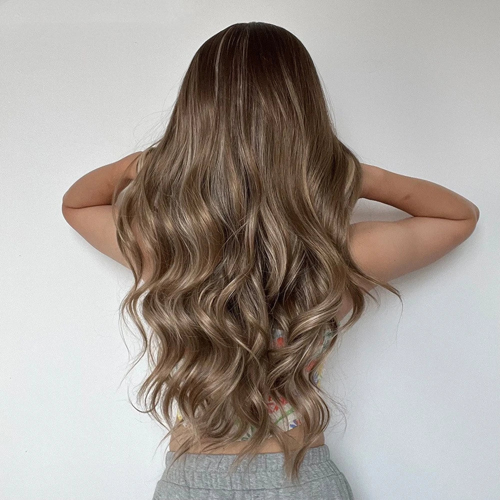 Elegant medium-length wig with gradient grey and brown curly hair, crafted with premium domestic silk for a luxurious British-inspired style.