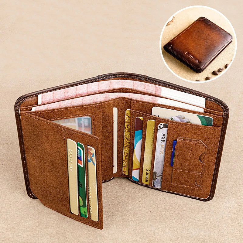 Premium men's short leather wallet with tri-fold design, made from top-grain cowhide leather for exceptional quality and style.