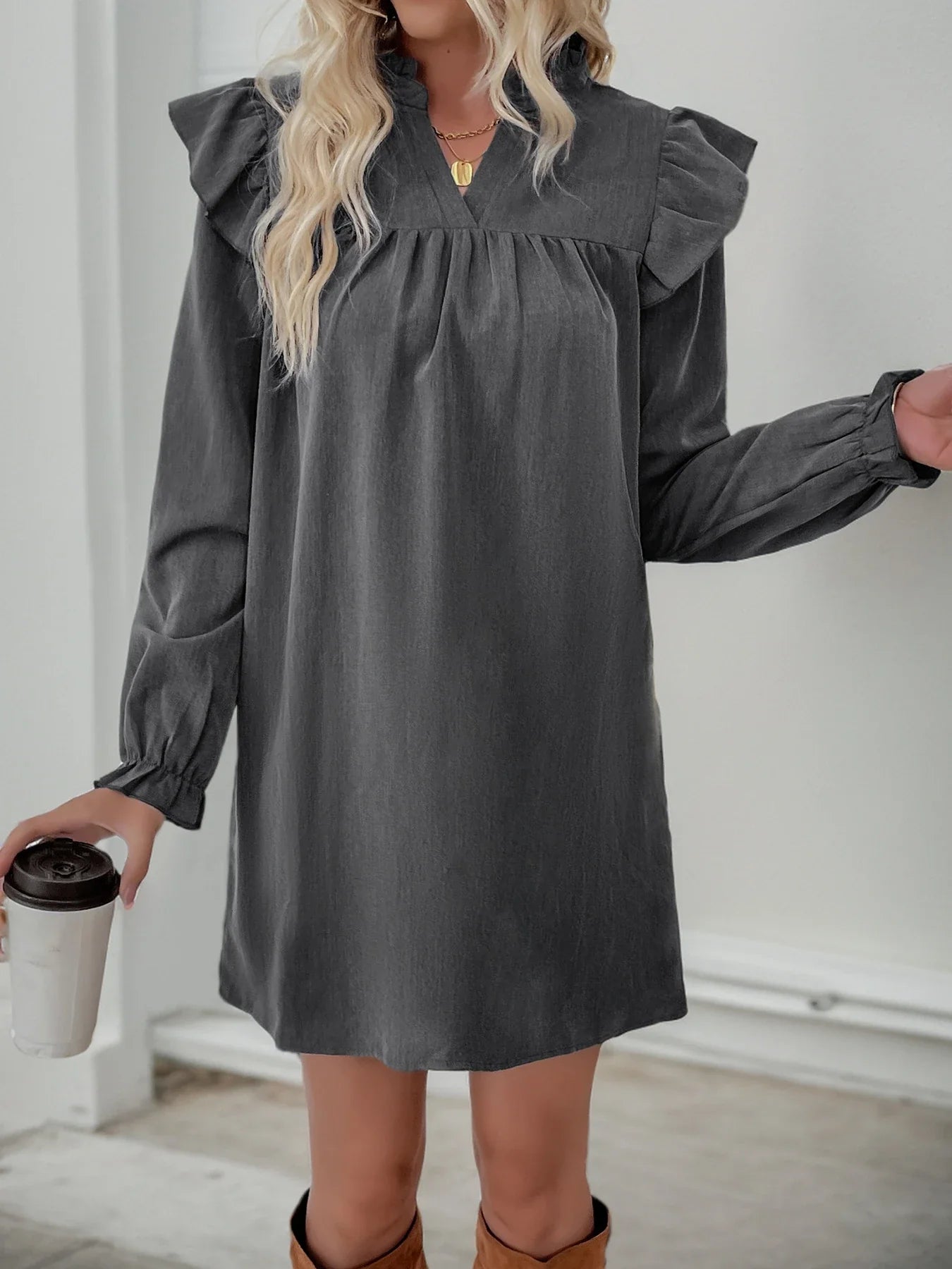 Elegant ruffled long sleeve dress in dark gray with loose lapel design for versatile British women's fashion