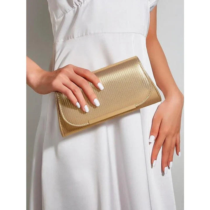Elegant shiny striped PU leather evening clutch bag with long chain, perfect for formal events and everyday use