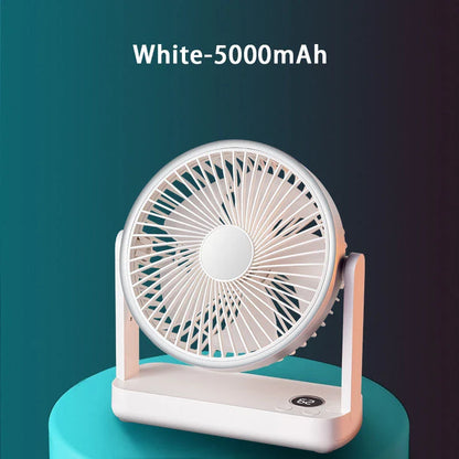 A compact, rechargeable USB desk fan with adjustable speed settings and a tilting head for targeted airflow.