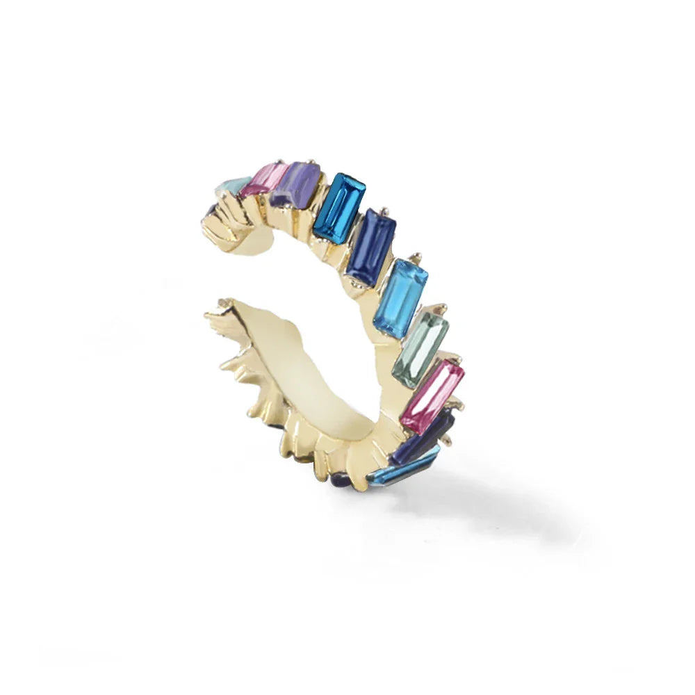 Multicolour glass diamond C-shaped earrings with alloy-inlaid artificial gems and semi-precious stones