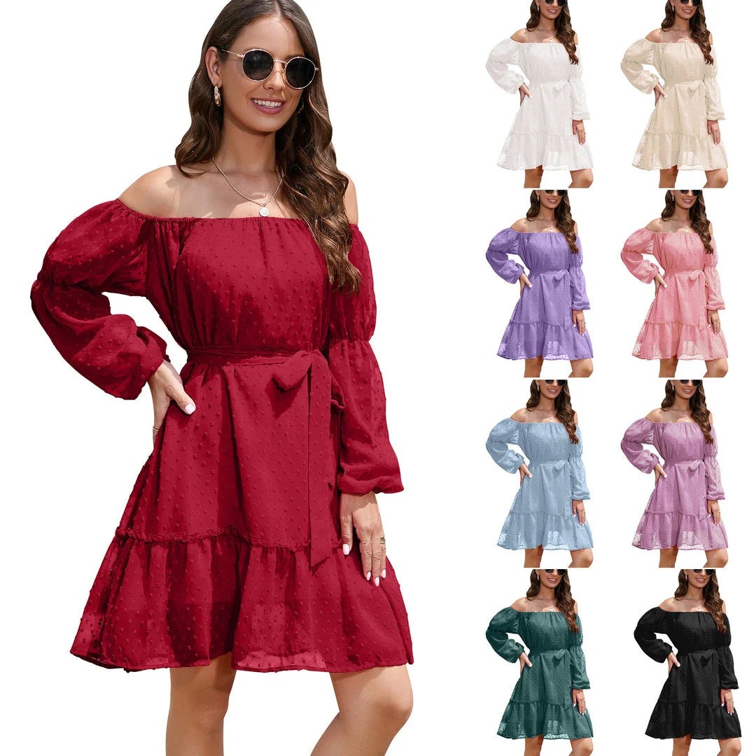 Stylish one-shoulder chiffon dress with ruffled bubble dot design, available in various sizes and blue colour