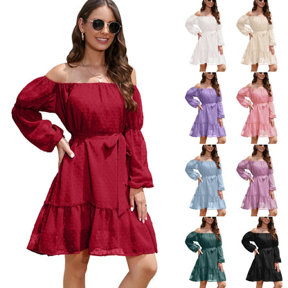 Stylish one-shoulder chiffon dress with ruffled bubble dot design, available in various sizes and blue colour