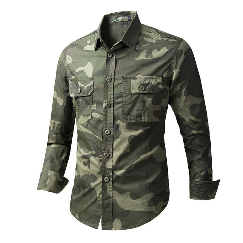 Men's long sleeve casual overalls shirt in army green, khaki, and grey colours with Japanese-inspired lapel design